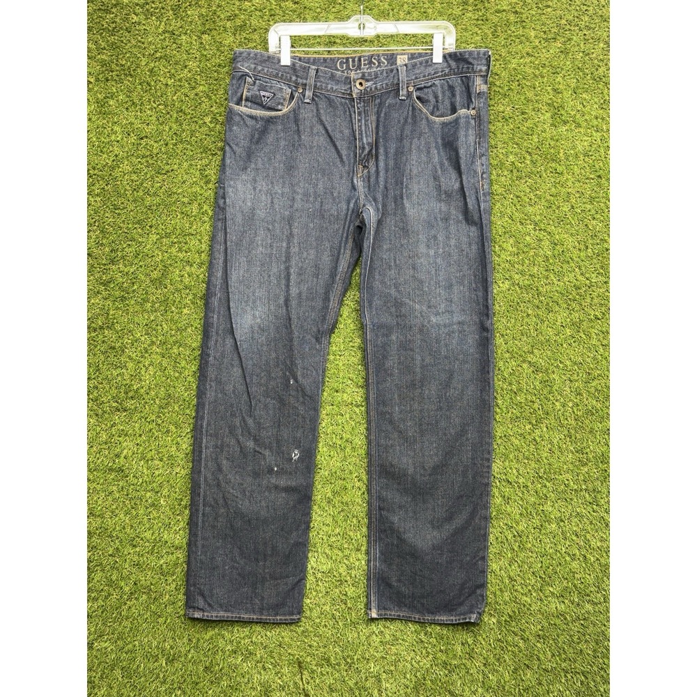 Guess Los Angeles Jeans Mens 38x32 Lincoln Slim Straight Dark Wash Distressed